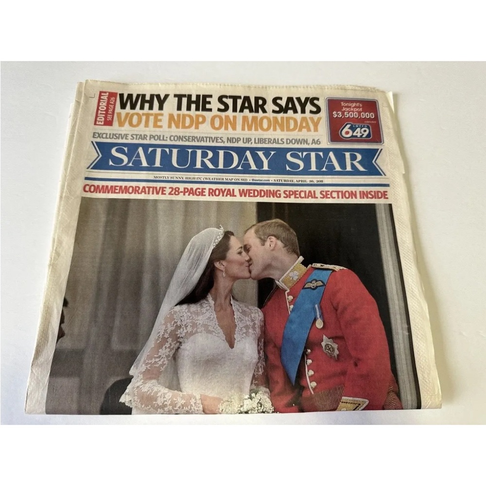 2011 Saturday Star (April 30) newspaper. Royal Wedding of Prince William & Kate